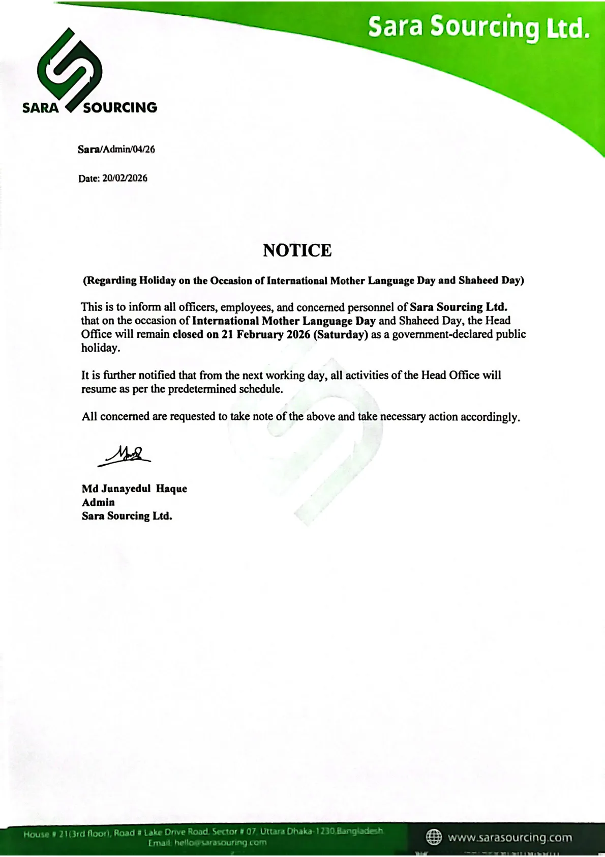 Holiday Notice 21 February 2026 – Sara Sourcing Ltd