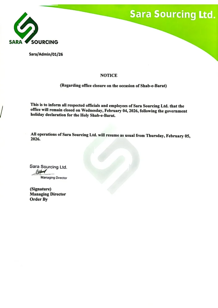 When uploading the image, use this text for SEO: Sara Sourcing Ltd. Official Notice for Shab-e-Barat Holiday 2026.