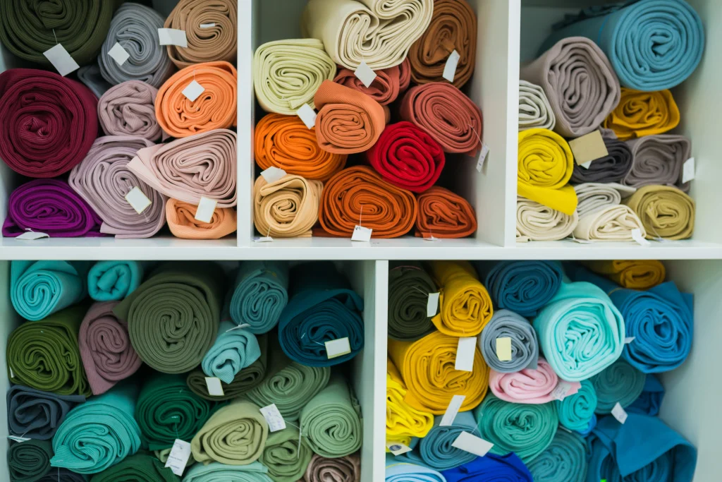 Rows of high-quality textile fabric rolls and garment accessories in a warehouse ready for production.