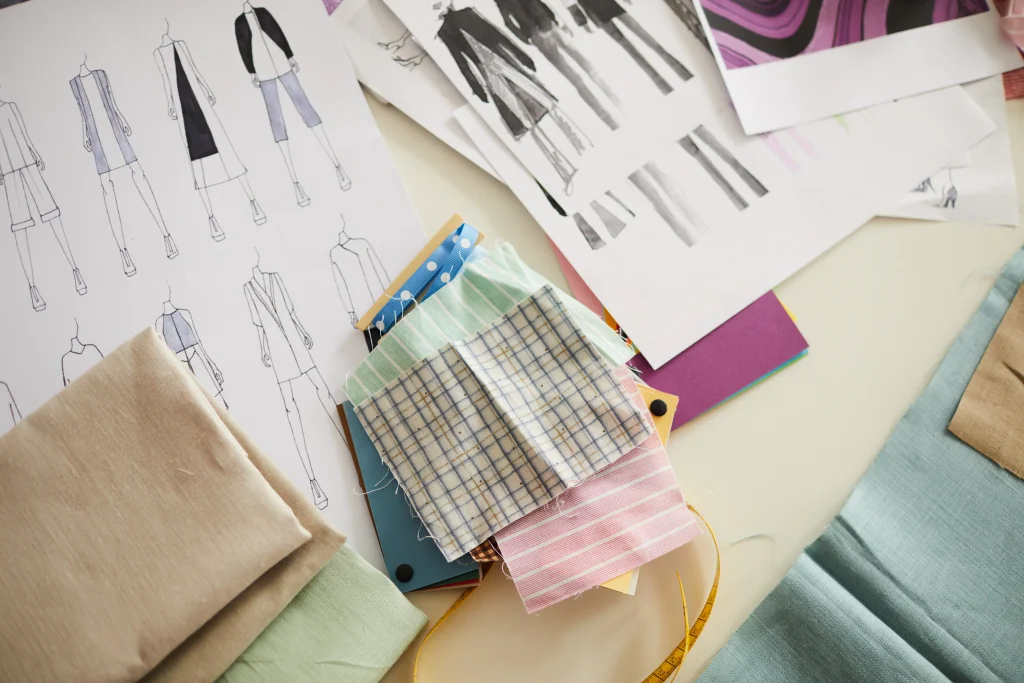 A technical designer reviewing a garment tech pack and fabric swatches to reduce sampling errors.