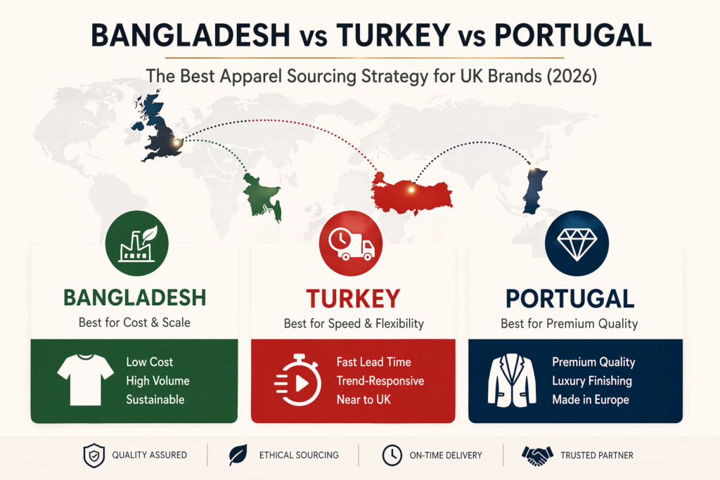 Bangladesh vs Turkey vs Portugal apparel sourcing comparison for UK brands in 2026 showing cost, speed, and quality differences