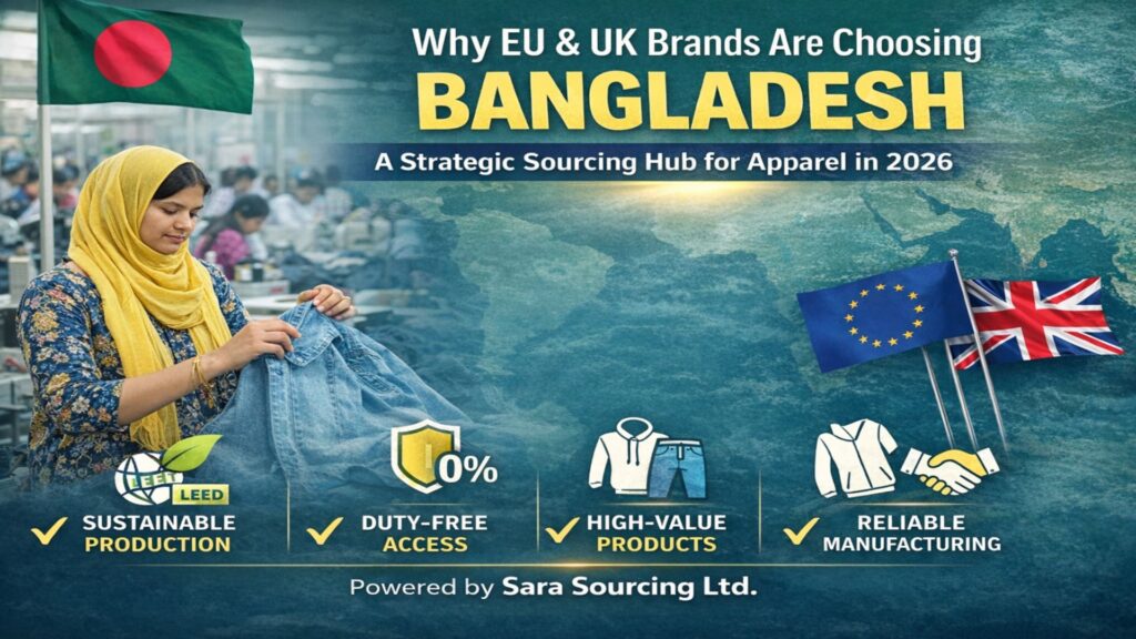 Bangladesh apparel sourcing hub for EU and UK brands showing garment factory production with sustainable and duty-free manufacturing benefits