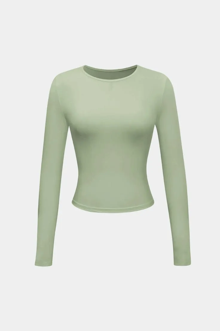 Basic Solid Round Neck Long Sleeve Top_8_11zon Women’s Sage Green Fitted Long Sleeve Tee