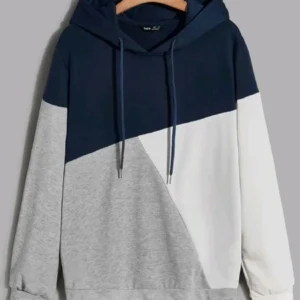 Geometric Color Block Hoodie – Navy Grey & White