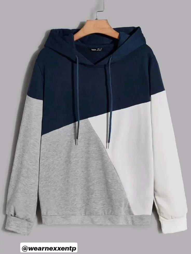 Custom made Patchwork hoodies in bulk for wholesale order with full customization & personalization__2_11zon Geometric Color Block Hoodie – Navy Grey & White