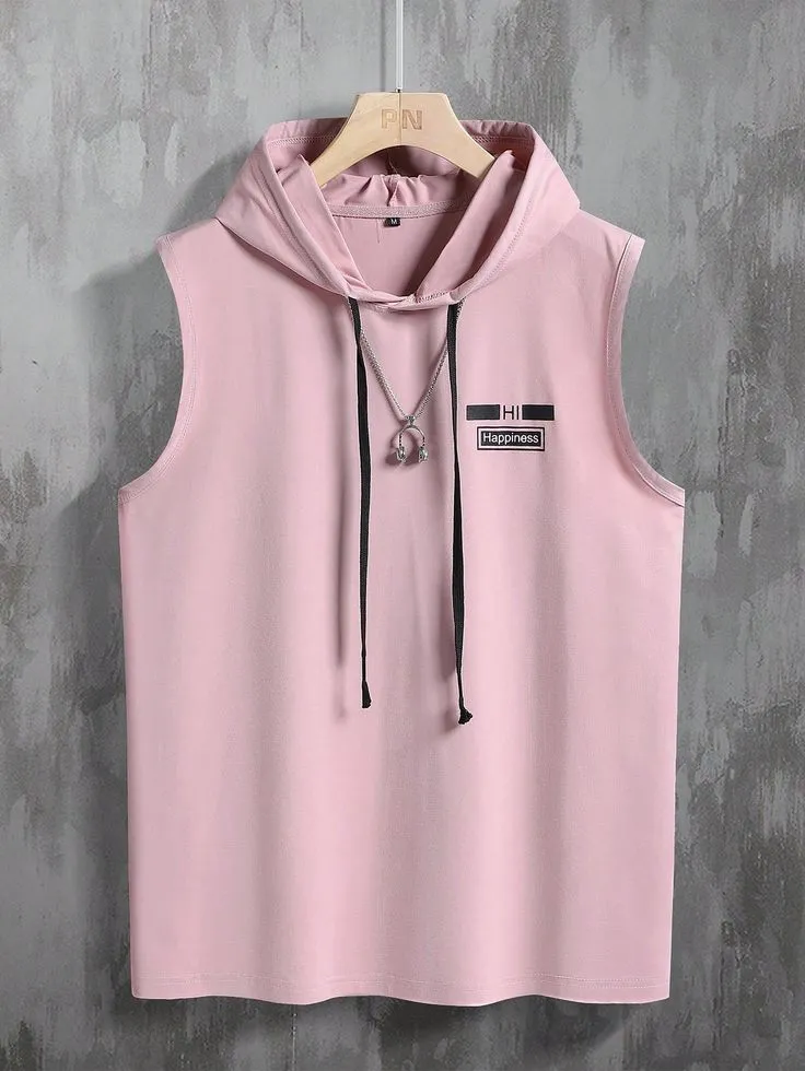 Dusty Pink Casual Collar Sleeveless Fabric Letter Embellished Slight Stretch Summer Men Clothing_2_11zon Casual Sleeveless Hoodie – Dusty Pink