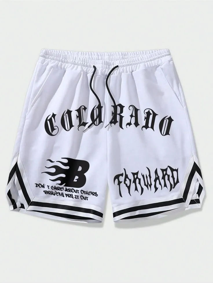 Guys Letter Graphic Contrast Trim Drawstring Waist Shorts_7_11zon Typography Street Basketball Shorts