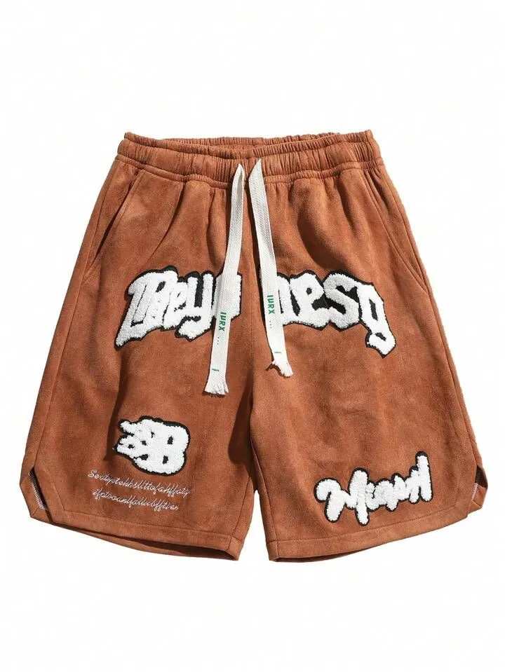 Manfinity Hypemode Men Bear And Letter Print Striped Drawstring Waist Summer Casual Shorts_3_11zon Vintage Embroidered Street Shorts – Brown