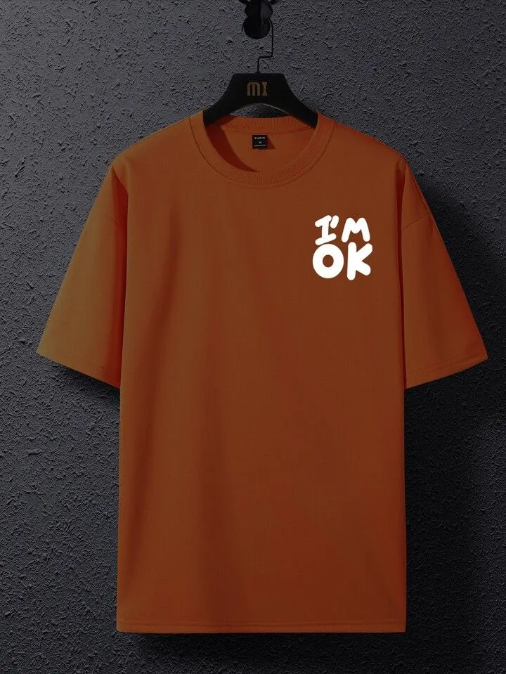 Manfinity Hypemode homens Camiseta ombro caído gráfico de slogan _ SHEIN_3 “I’m OK” Statement Orange Tee