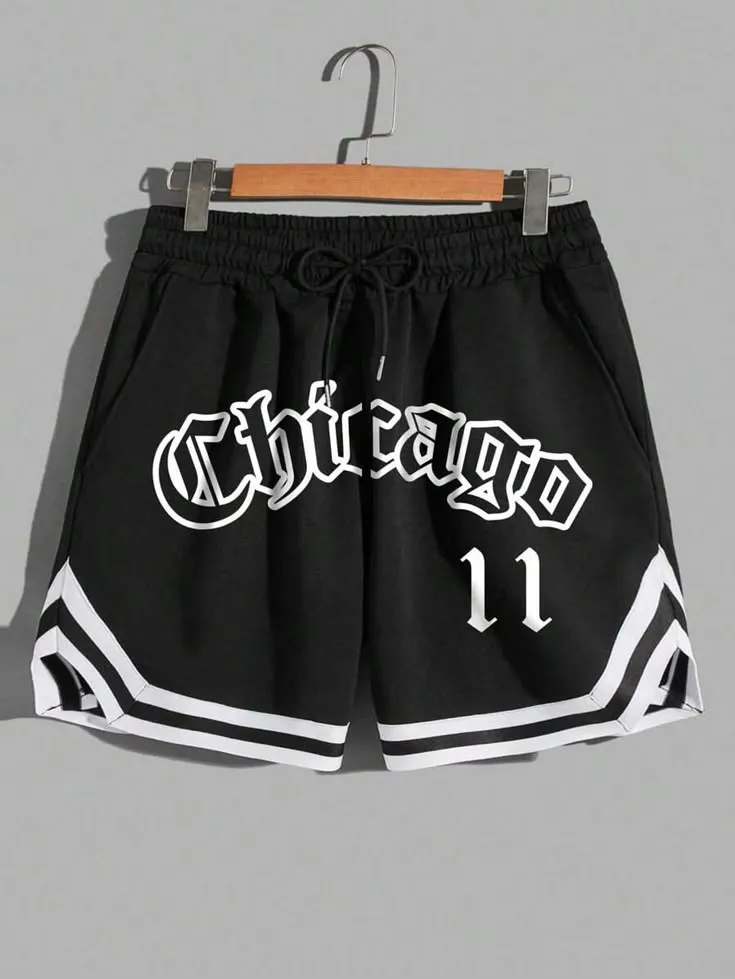 Manfinity Sporsity Loose Fit Men's Letter Graphic Contrast Tape Drawstring Waist Shorts_4_11zon Chicago 11 Basketball Shorts