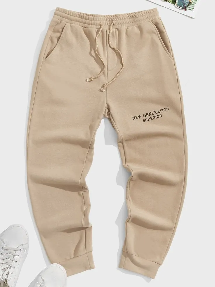 Men Drawstring Waist Slogan Pattern Sweatpants_6_11zon New Generation Relaxed Joggers – Sand Beige