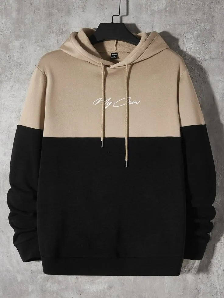 Men Letter Graphic Two Tone Drawstring Hoodie_3_11zon Classic Two Tone Hoodie – Beige & Black
