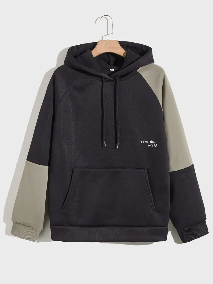 Men Slogan Embroidery Color Block Raglan Sleeve Drawstring Hoodie_4_11zon