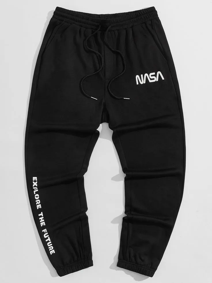 Men Slogan Graphic Drawstring Waist Joggers_7_11zon NASA Explore Joggers – Black Edition