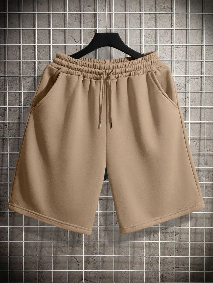 Men Spring_Summer Casual Solid Color Drawstring Waist Shorts_3_11zon Essential Beige Lounge Shorts