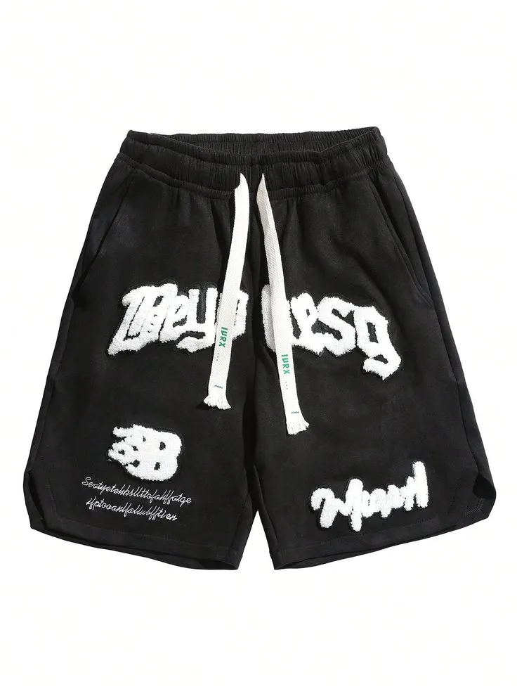Men's Drawstring Letter Detail Summer Shorts_4_11zon Urban Embroidery Lounge Shorts – Black