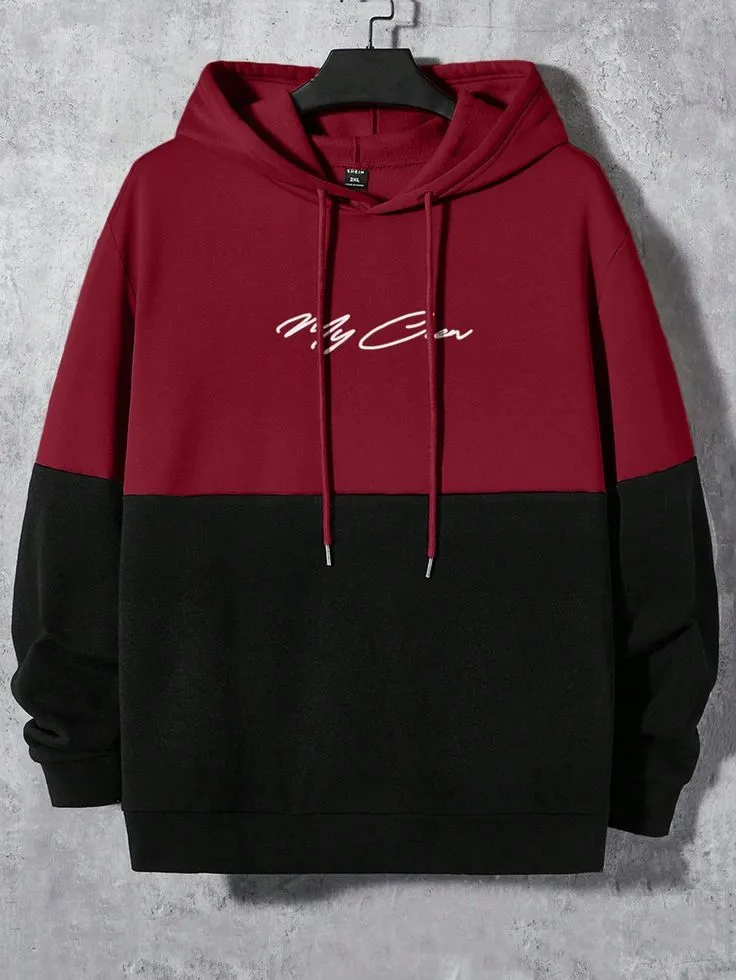 Men's Plus Size Letter Print Casual Knitted Hoodie_6_11zon Signature Color Block Hoodie – Maroon & Black