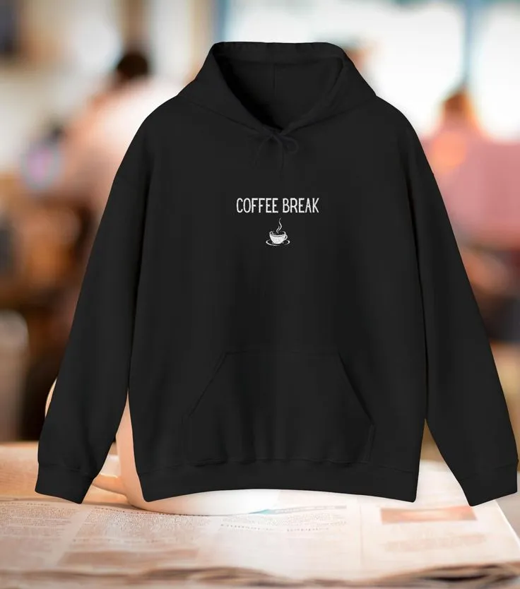 Minimal Tiny Script Logo Hoodie _ White embroidered text, small chest design_8_11zon Coffee Break Graphic Hoodie – Black