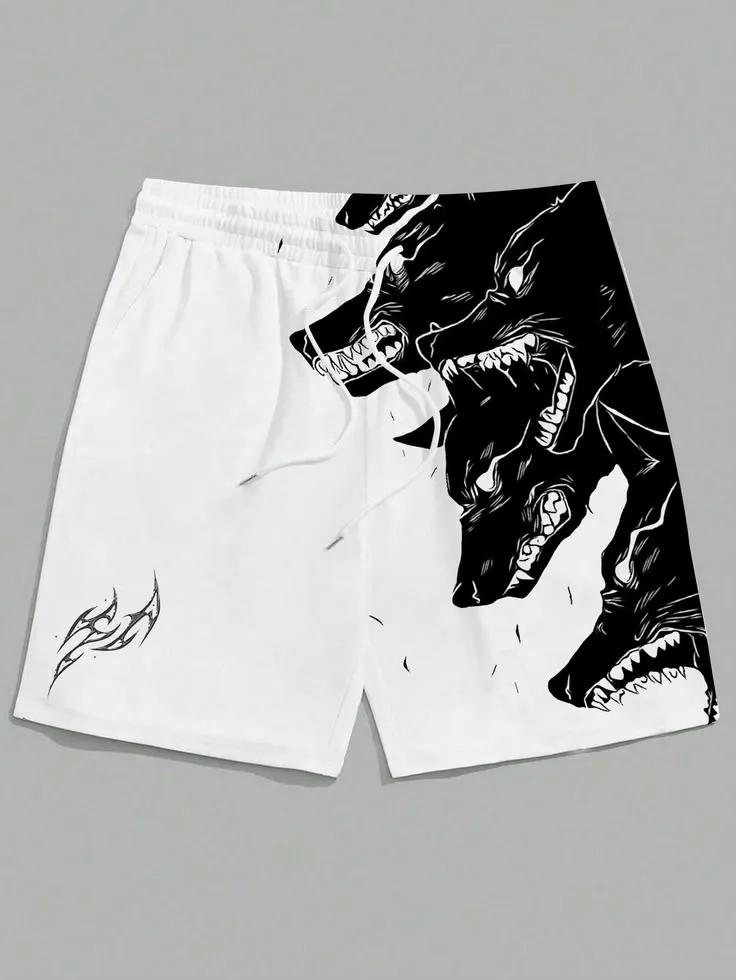 New men's summer shorts loose casual home shorts 3D printed sporty three headed wolf print Harajuku_7_11zon Wolf Graphic Streetwear Shorts