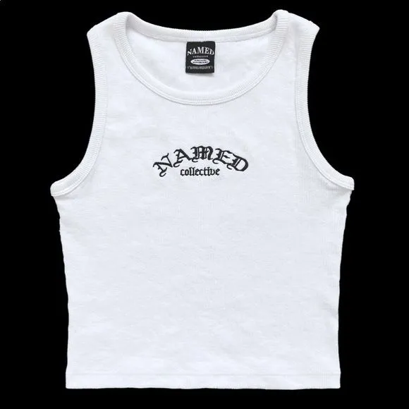SALE named collective old english embroidered tank_7_11zon Named Collective Ribbed Tank Top