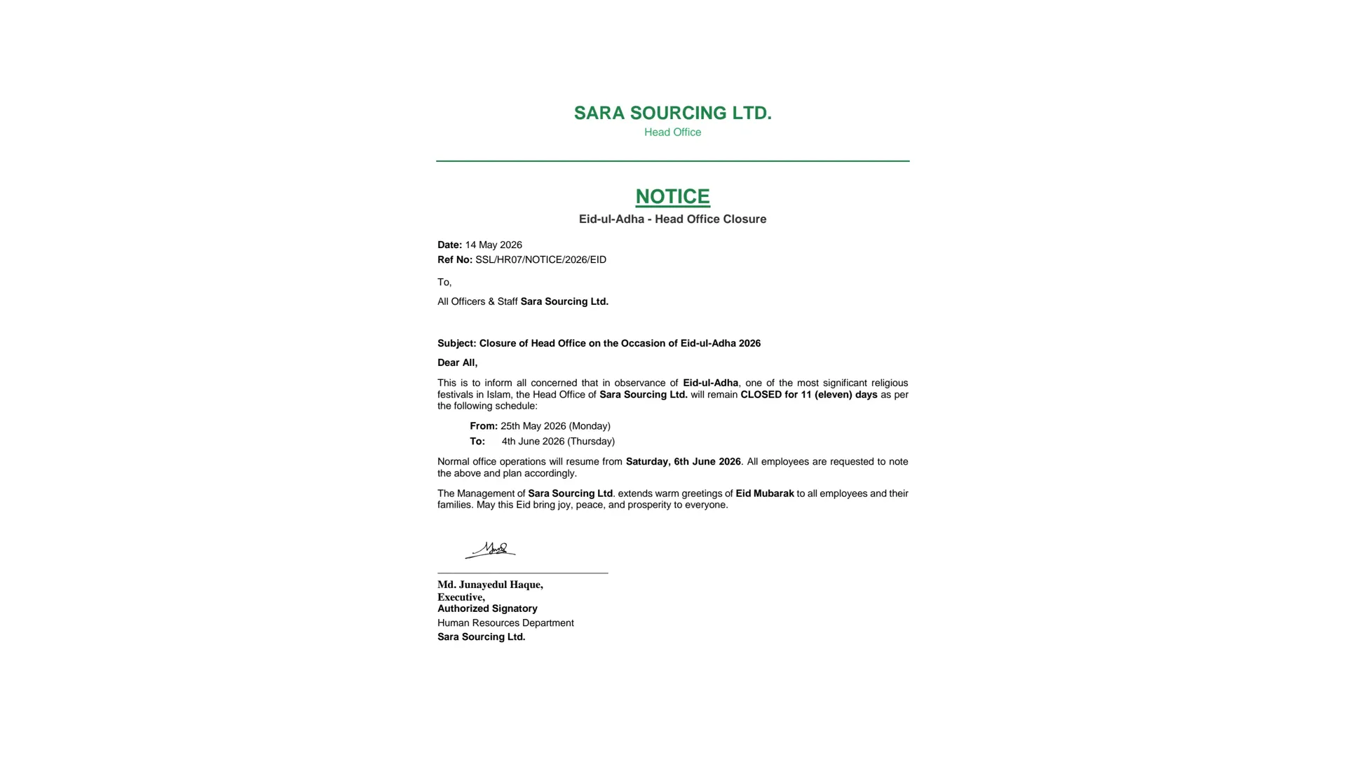 Eid-ul-Adha – Head Office Closure