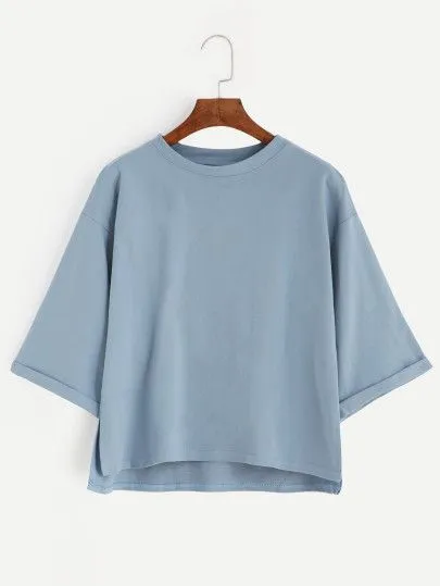 Shop Blue Drop Shoulder Dip Hem Cuffed T-shirt online_ SheIn offers Blue Drop Shoulder Dip Hem Cuffed T-shirt & more to fit your fashionable needs__3_11zon Women’s Oversized Drop Shoulder Crop Tee