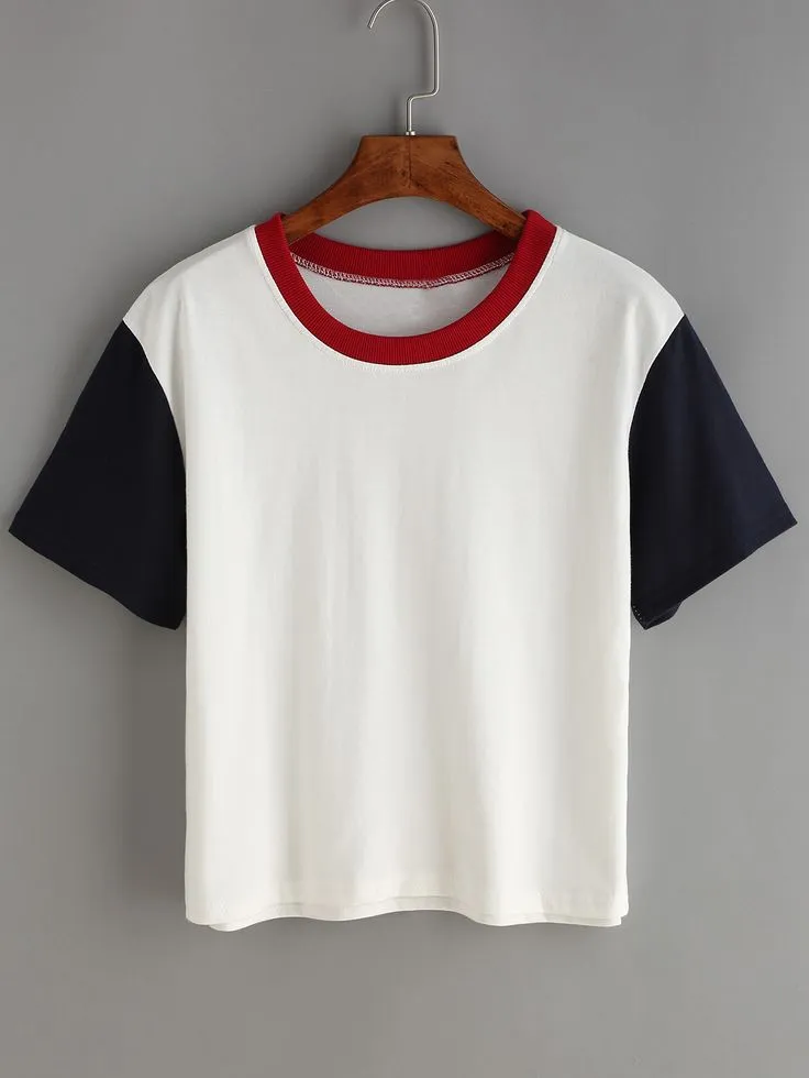 Shop Contrast Crew Neck White T-shirt online_ SheIn offers Contrast Crew Neck White T-shirt & more to fit your fashionable needs__8_11zon Women’s Contrast Sleeve Classic T-Shirt