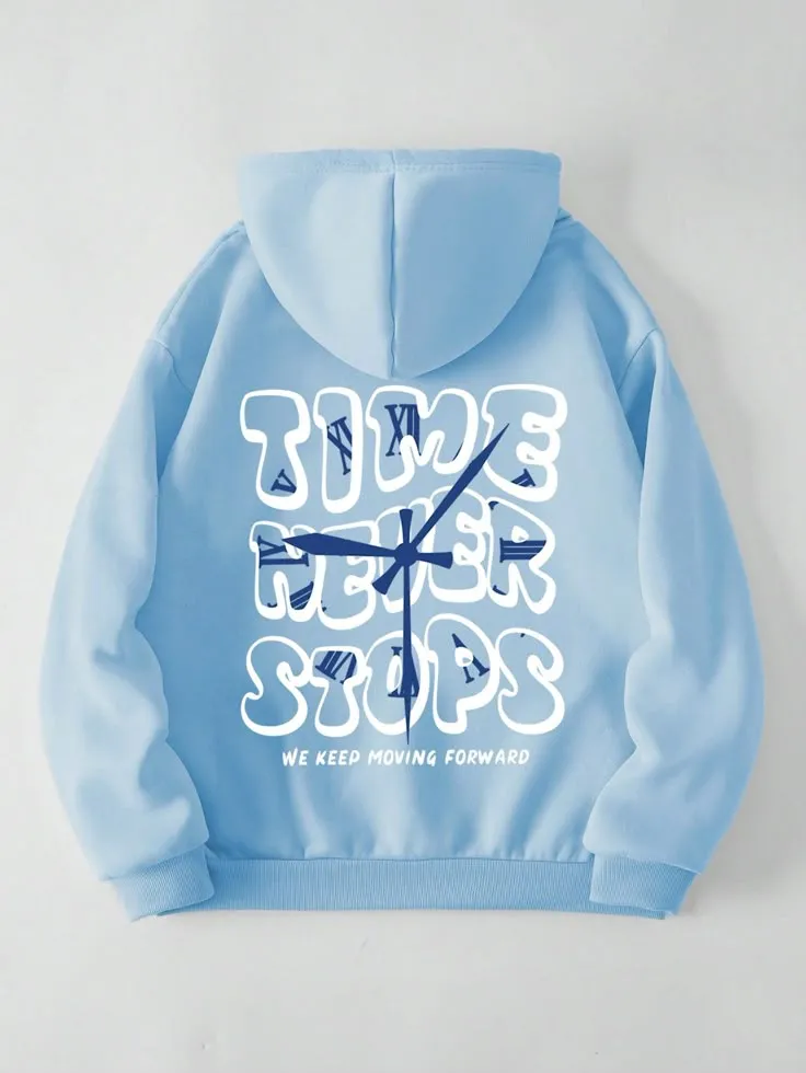 Slogan Graphic Kangaroo Pocket Drawstring Thermal Lined Hoodie (1)_5_11zon Time Never Stops Hoodie – Sky Blue