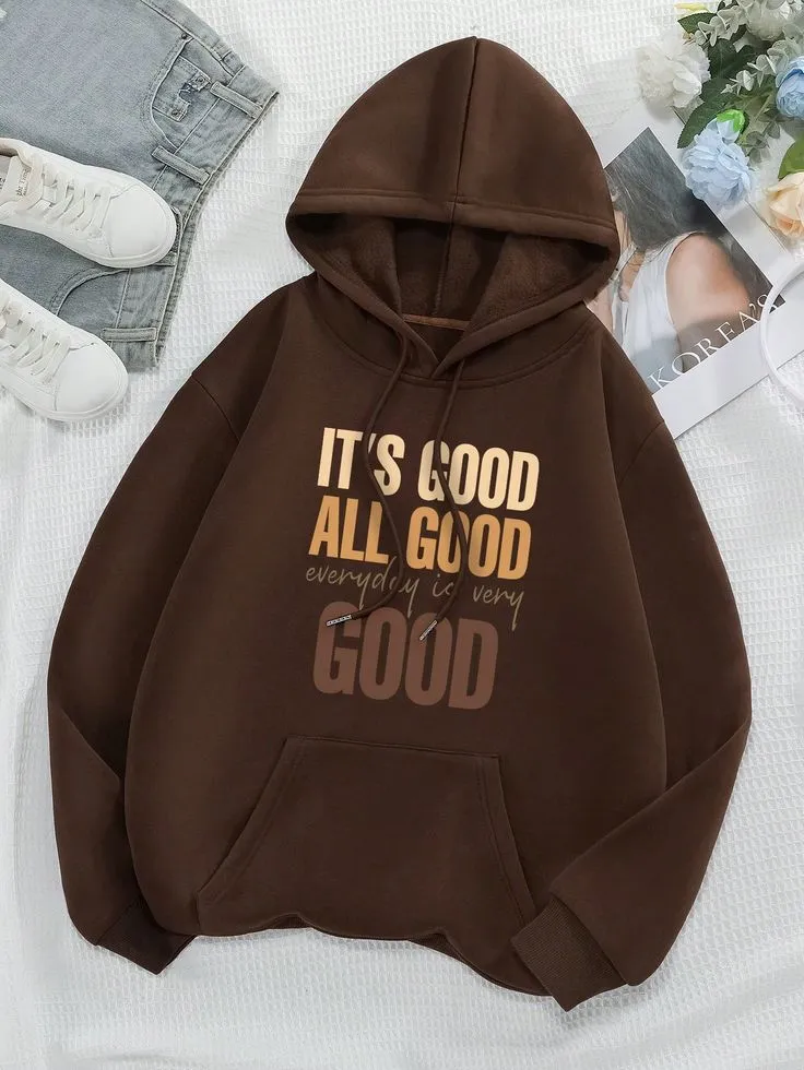 Slogan Graphic Kangaroo Pocket Drawstring Thermal Lined HoodieI discovered amazing products on SHEIN_com, come check them out!_7_11zon It’s Good Everyday Hoodie – Dark Brown