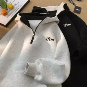 Half Zip Embroidered Hoodie – Grey & Black