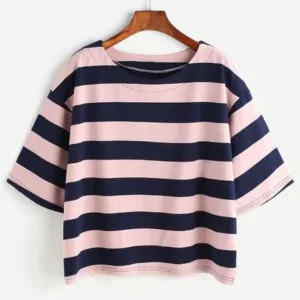 Women’s Pink & Navy Stripe Crop T-Shirt