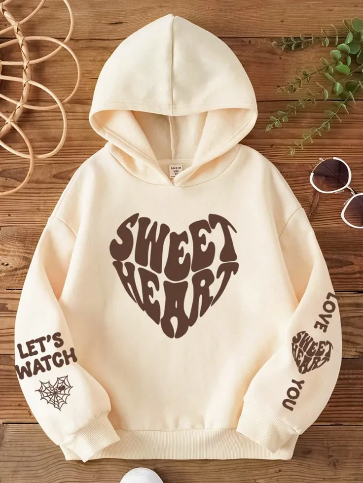 Tween Girls' Casual Long Sleeve Hooded Sweatshirt, Suitable For Autumn And Winter_8_11zon Sweet Heart Graphic Hoodie – Cream White