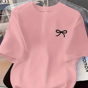 Women’s Cute Bow Embroidery Pink Tee