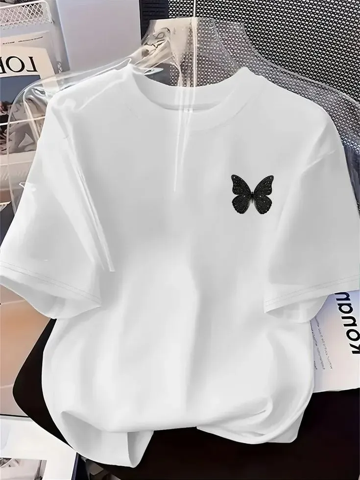 women's olive green short sleeve t-shirt with black print - round neck casual top, dark elegant everyday shirt, machine washable versatile blouse for women, left chest black , relaxed fit, smooth f_5_11zon Women’s Butterfly Print White T-Shirt