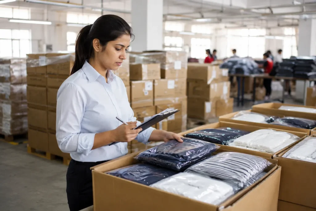 Final inspection of finished garments before shipment in a Bangladesh factory