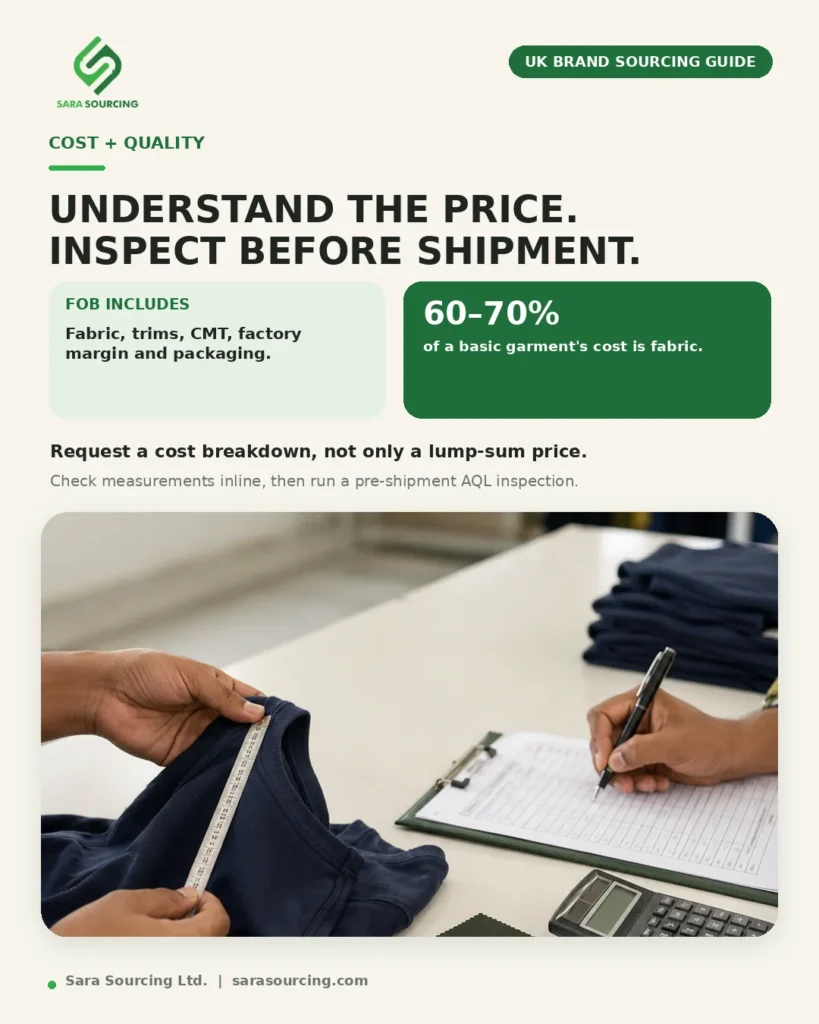 Hands checking garment measurements and an inspection sheet, explaining FOB garment costing, fabric cost and AQL quality control in Bangladesh apparel sourcing.